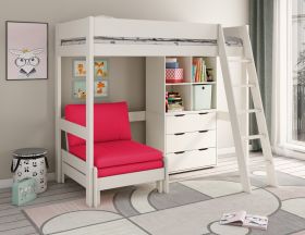 Kids Avenue Estella White High Sleeper Bed with Storage & Pink Futon