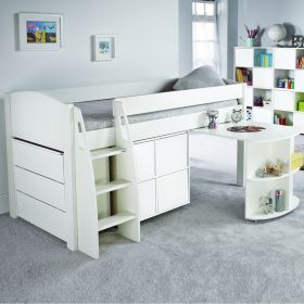 Stompa Uno S Mid Sleeper with Pull Out Desk, Cube and 3 Drawer Chest 