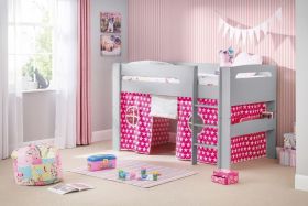 Julian Bowen Pluto Mid Sleeper Bed in Dove Grey + Pink Tent + Mattress