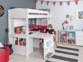 Stompa Uno S 28 High Sleeper Bed in White with Sofa Bed, Pull Out Desk, Cube Storage Unit & Hutch