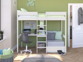 Stompa Uno White High Sleeper with Desk and Grey Sofa Bed